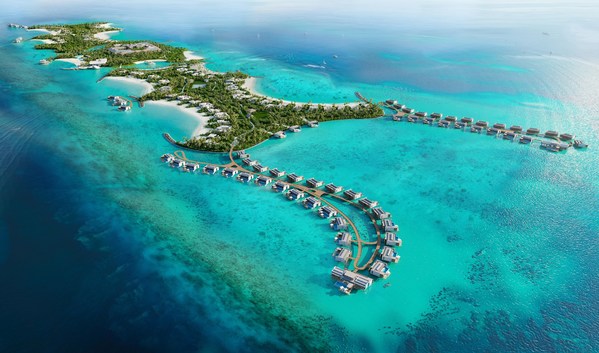 An aerial view of the Mandarin Oriental Bolidhuffaru resort.