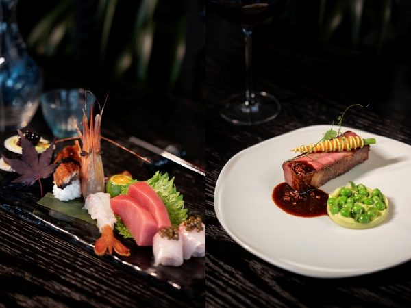 左：黑金燚餐厅刺身寿司拼盘；右：黑金燚餐厅铁板烧低温牛小排_副本.jpg